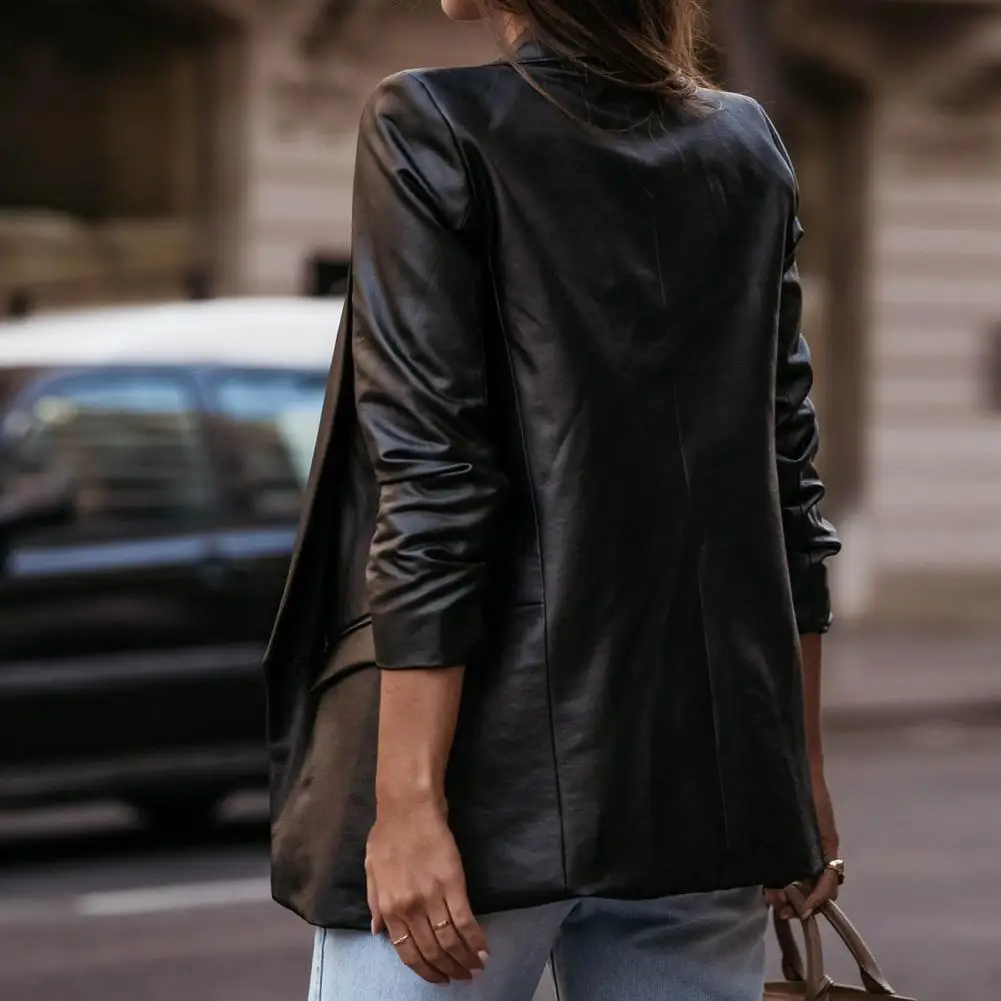 2023 Women Coat Solid Color Pockets Cardigan Loose Open Stitch Dress Up Faux Leather Turn-down Collar Autumn Coat for Daily Wear