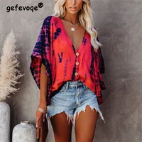 summer fashion oversized deep v neck womens shirt tie dye vintage print button batwing sleeve top female casual loose cardigan