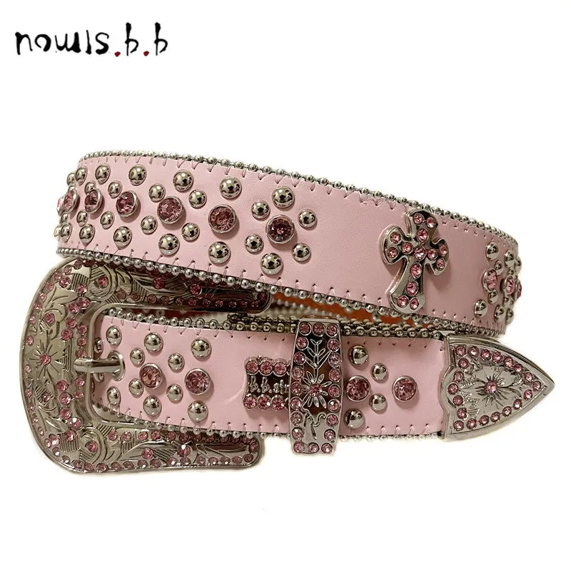 NOWISBB Pink Brand Diamond Belts Luxury Leather Strap Crystal Studded Rhinestone Bling  Western Cowgirl Cowboy  For Y2K Jeans