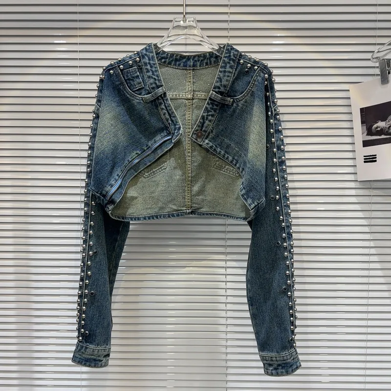 

PREPOMP 2023 Autumn New Collection Metal Rivets Shawl Coat Blue Denim Short Jacket Women GM163