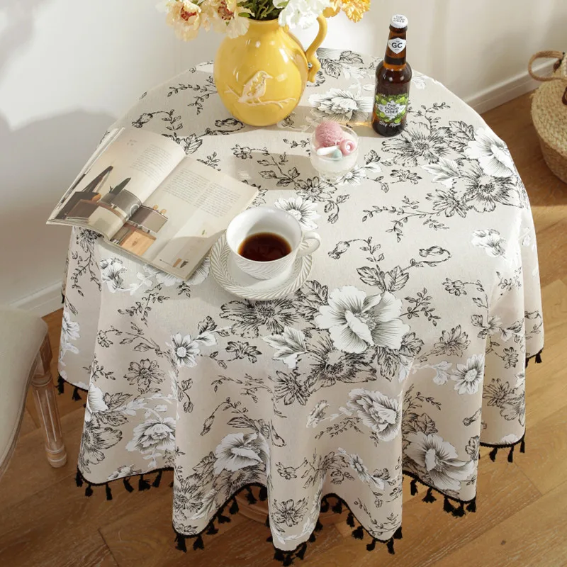 

Nodic Black Peonies White Tassel 150cm Tablecloth Round Tablecloth for Table Tea Round Table Map Table Cover Round Table Cloth