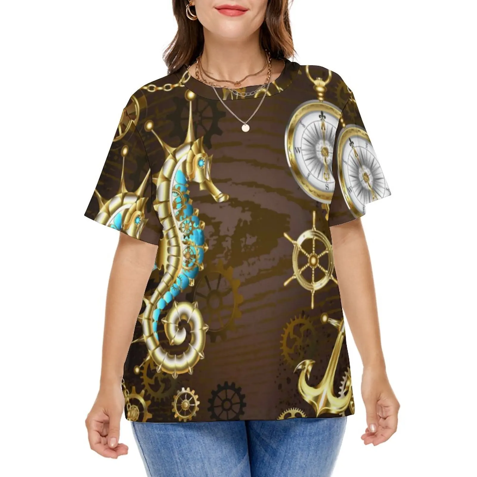 Golden Steampunk T-Shirt Wooden With Mechanical Seahorse Hip Hop T-Shirts Short Sleeve Tshirt Summer Print Top Tee Plus Size 6XL