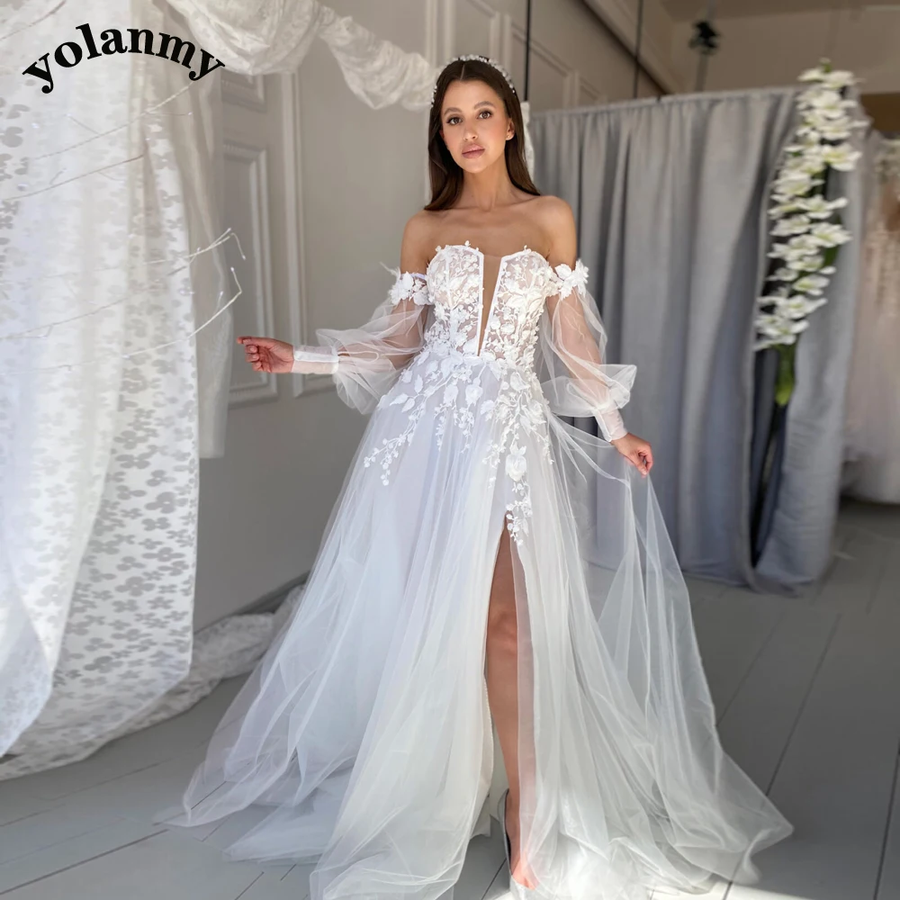 

YOLANMY Aline Slit Off the Shoulder Strapless Appliques Illusion Wedding Dresses For Mariages Fairytale Sleeveless Made To Order