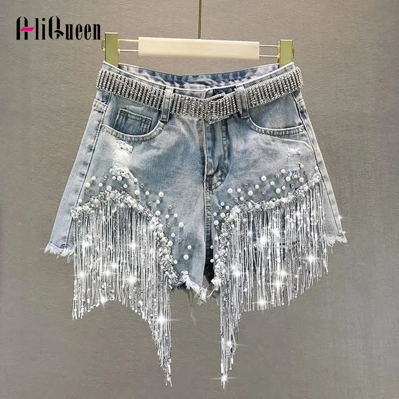 

Шорты женские джинсовые с блестками, модная уличная одежда, шикарные яркие шелковые блестящие с кристаллами и бахромой, винтажные с бисером, на лето