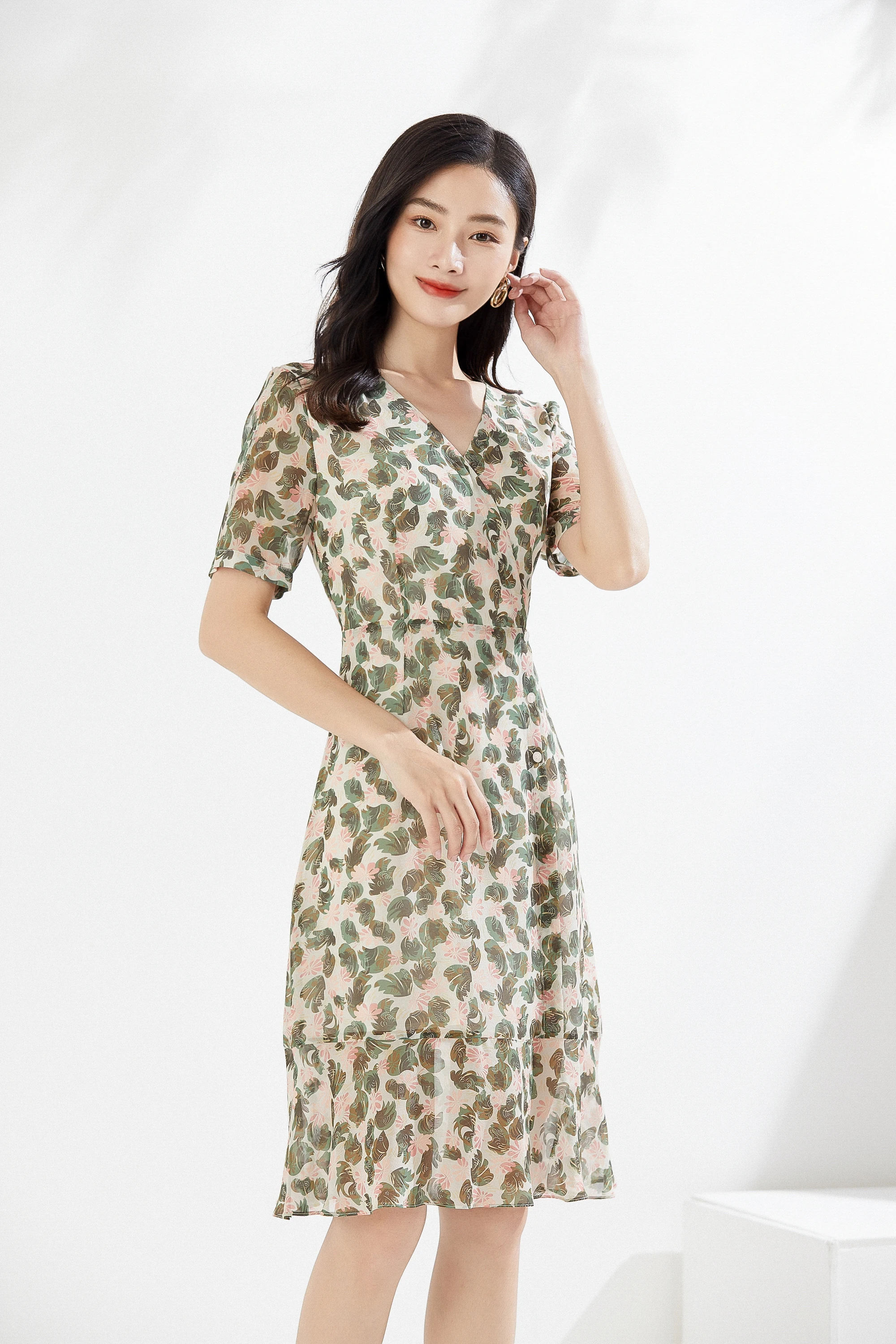 

Gowani Women's Summer Silk French Elegant Fashion Green Fresh Print V Neck Ruffle Casual Dress
