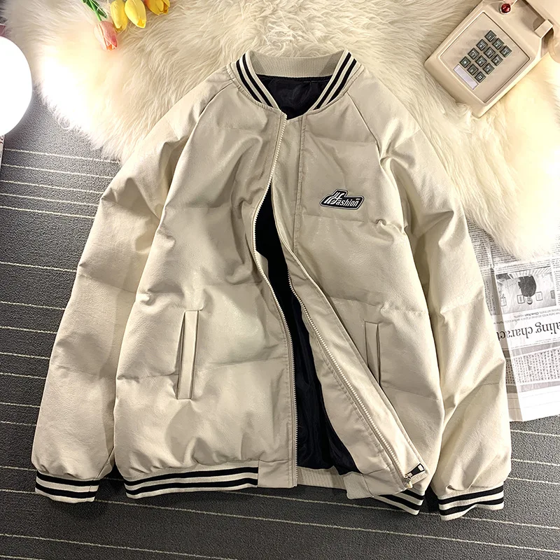 Men Thickened PU Parkas Black White Long Sleeve Fashion Solid Color Zipper Warm Jackets Streetwear Unisex Parkalar Mont Erkek