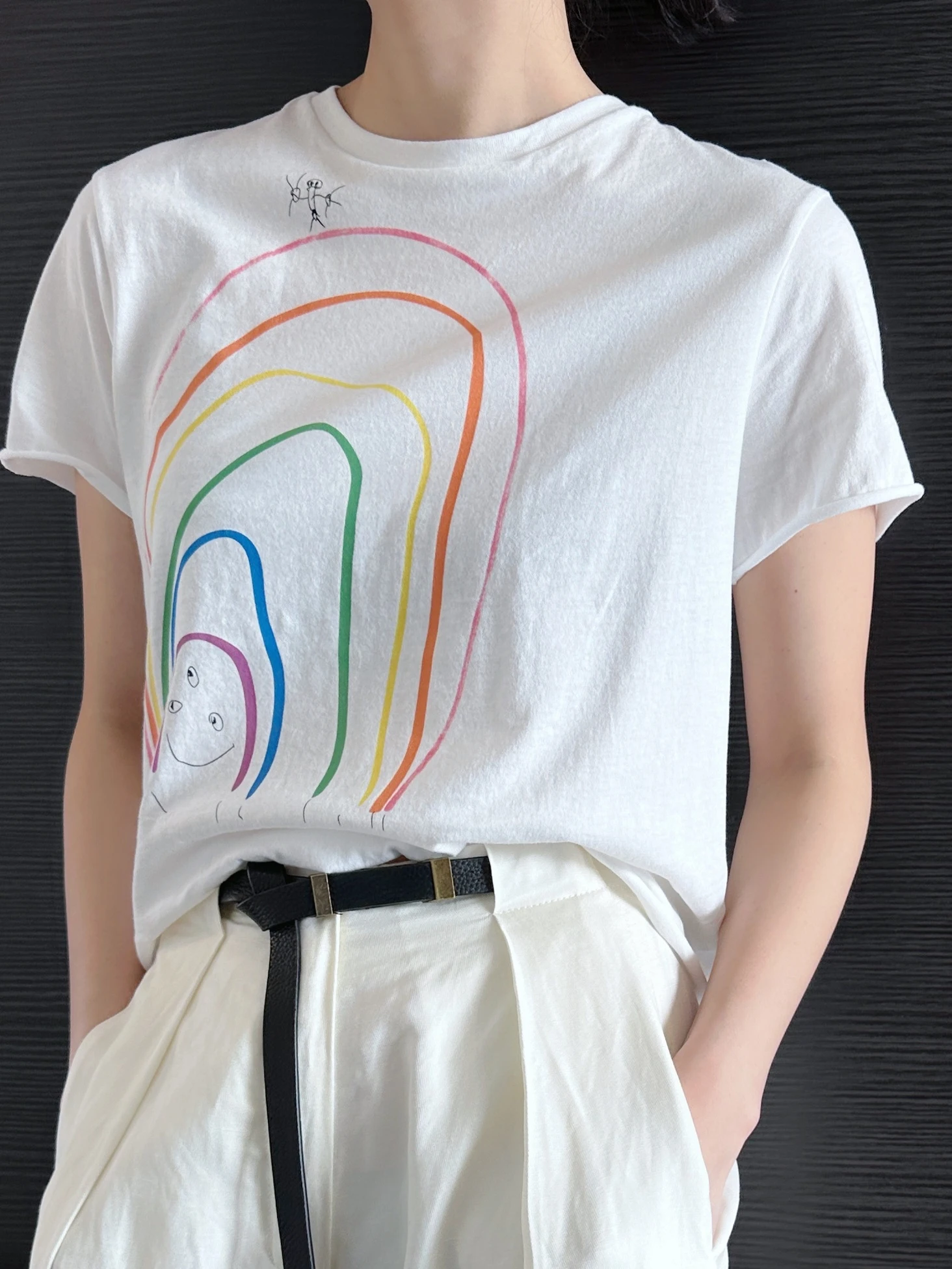 

Retro Funny Print Button Tee Casual Abstract Hoody Anime Rainbow Graffiti Short Sleeve Short White T-Shirt Women Tops Streetwear