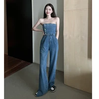 sleeveless overalls korean fashion new tube top high waist wide leg pants split denim jumpsuit elastic backless romper female
