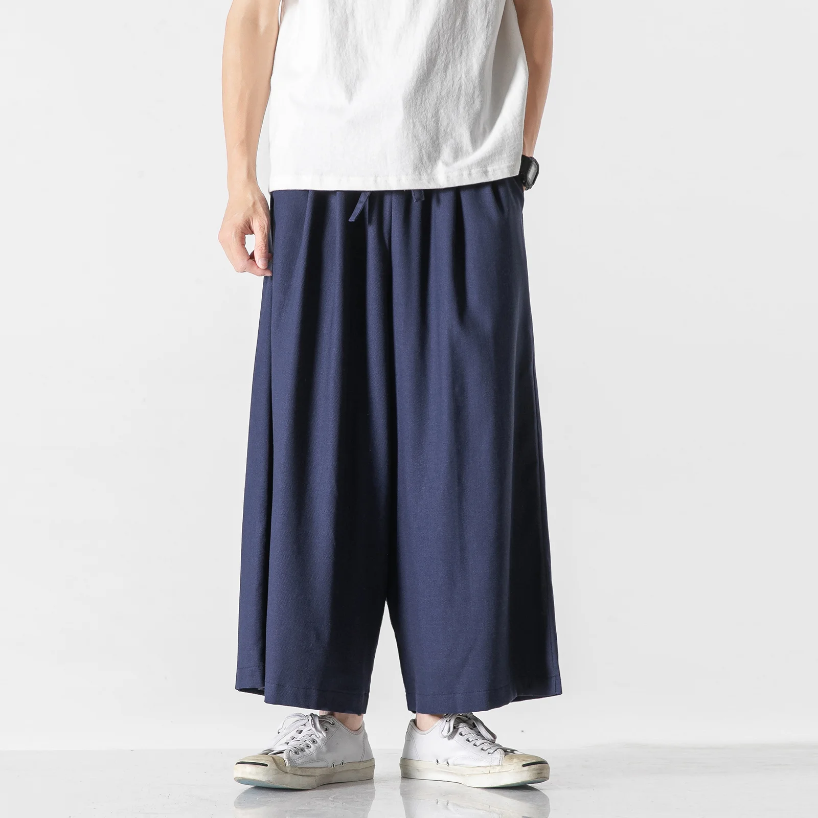 

Loose Chinese Style Plus Size Wide Pants 2023 Cotton Linen Casual Cropped Trousers Summer Thin Harajuku Hakama Men Clothing