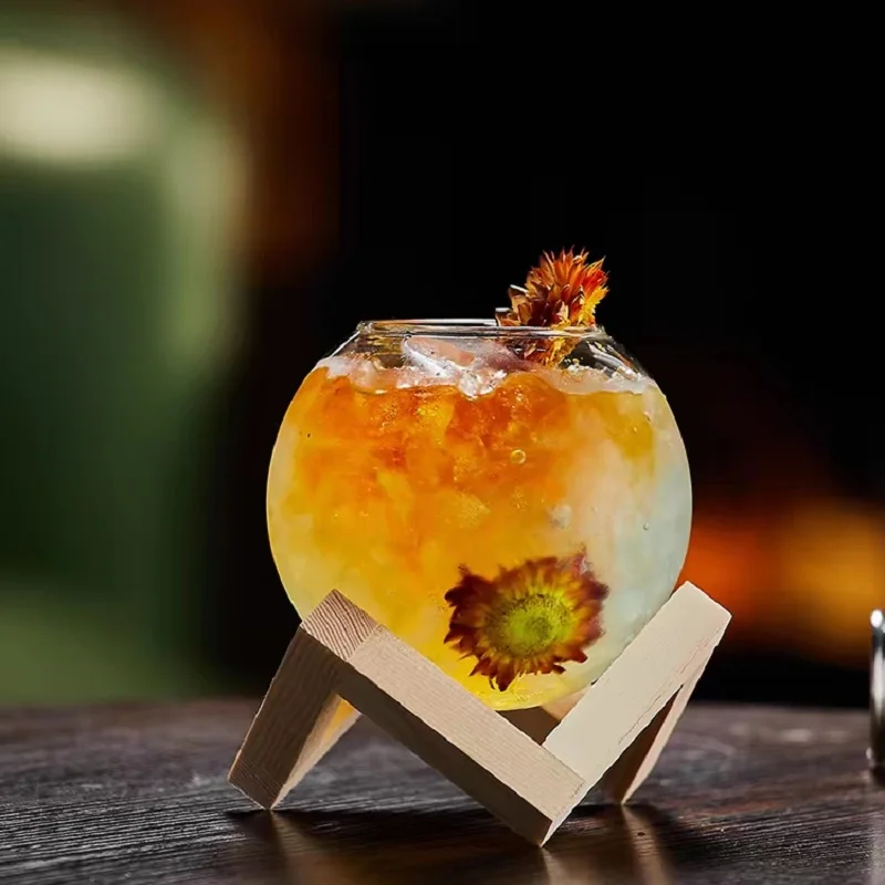 Сферический бокал для коктейля 480 мл с деревянной подставкой уникальная форма