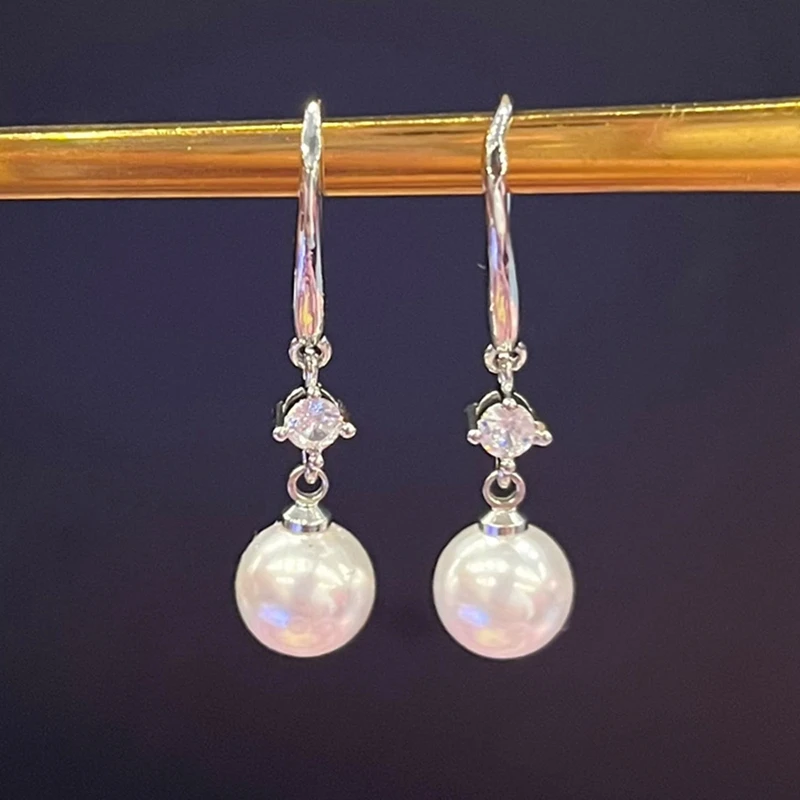 New Simple Round Imitation Peal Dangle Earrings For Women Silver Color Paved White Copper Zircon Fashion Versatile Girls Jewelry