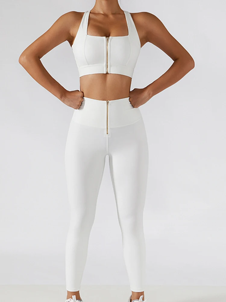 CHRLEISURE 2PCS Seamless Sport Set Zipper Butt Lift Fitness Pants Side Pockets Tennis Skirt Women Workout Bra Gym Tracksuit |