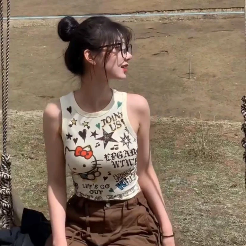 

Sanrio Hello Kitty Girls T-shirt Cute Day Tie Sweet Print Halter Tank Top Summer Crop Y2K Spice Girl Full Print Sleeveless Top