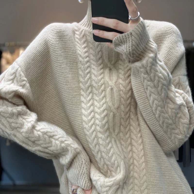 Cashmere Pullover Women Autumn/Winter Loose Turtleneck Bottoming Shirt 100% Pure Wool Sweater Pull Casual Overside Ladies Tops