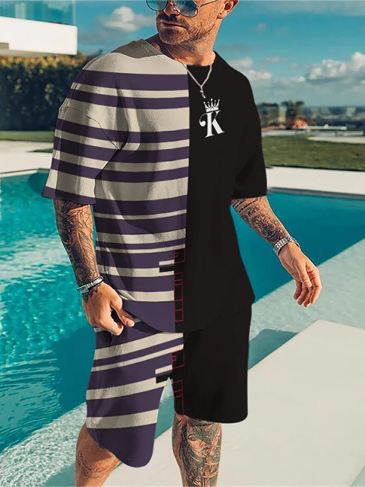 

Костюм мужской в полоску, модная футболка с коротким рукавом и шорты, стиль пэчворк, повседневный комплект из двух предметов, на лето