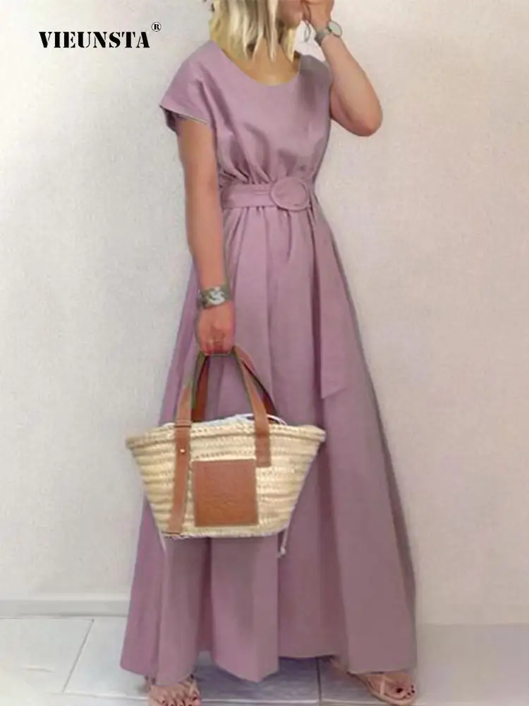 

Женское Повседневное платье-трапеция с коротким рукавом, однотонное длинное платье с поясом, элегантное простое платье макси с круглым выр...