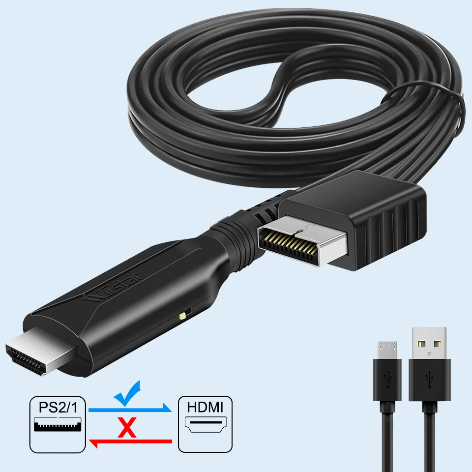 1080P Full HD Adapter With DC 5V Power Supply Cable for PS2 to HDMI-compatible TV/Monitor/Projector/PC Computer, Male to Male