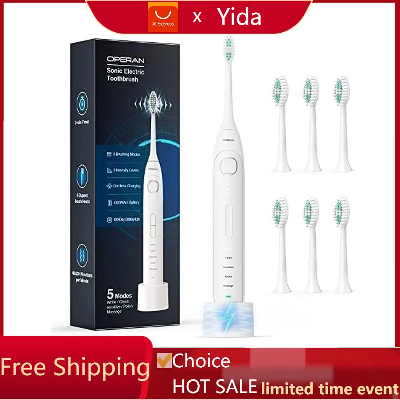

Operan Electric Toothbrush for Adults and Kids High Power Sonic Rechargeable Toothbrush with Smart Timer 5 Modes 6 Brush Heads