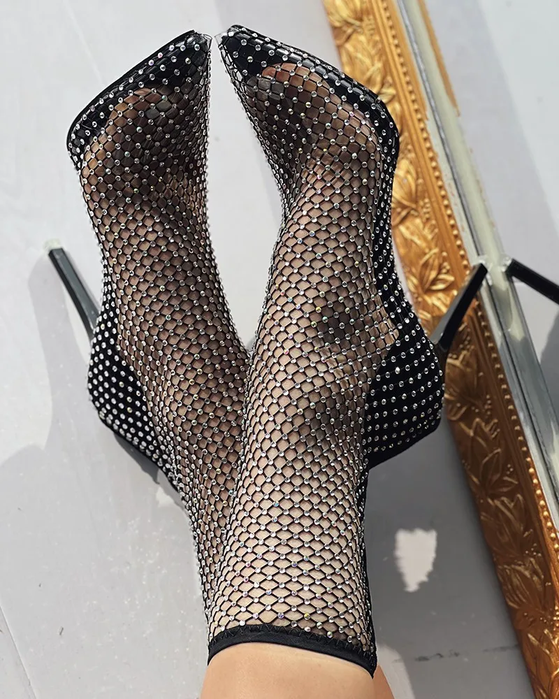 2023 New Summer Women Black Ankle Boots Fishnet Mesh Rhinestone Sexy Stiletto Heel Boots Female Dress Party Shoes