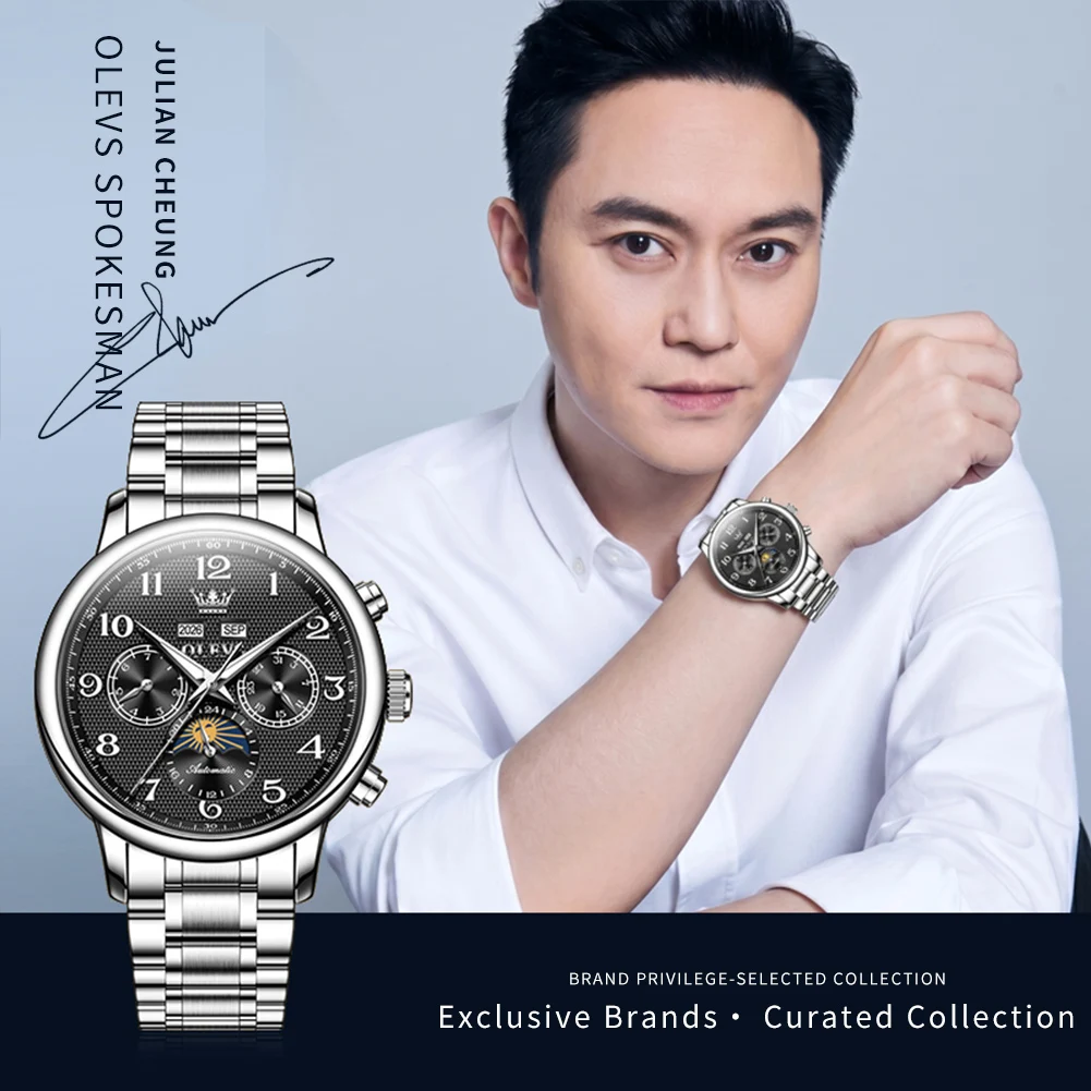 Фото Мужские часы OLEVS 7126 New Moon Phase, модные, с цифровым циферблатом, многофункциональные, с вечным календарем, автоматические, механические. №4