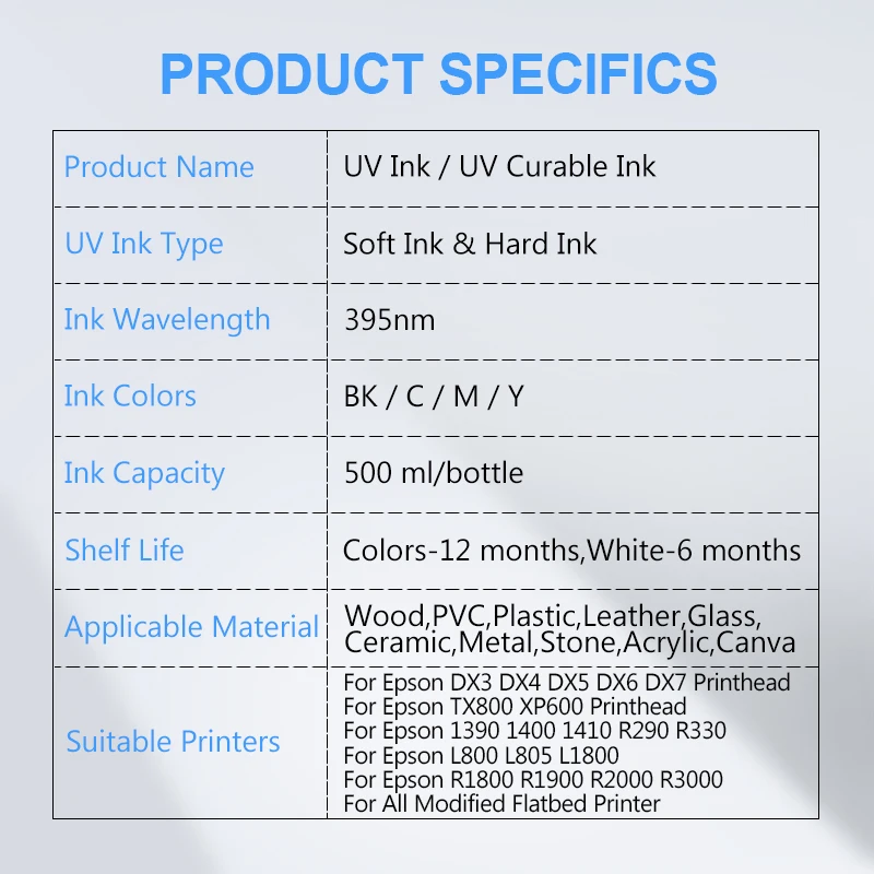 4×500ML LED UV Ink For DX4 DX5 DX6 DX7 DX10 TX800 XP600 Printhead Epson 1390 L800 L1800 L805 R1800 R1900 Modified Printer | Компьютеры и