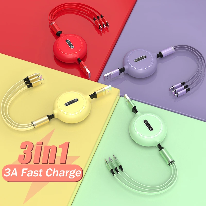 

3 In 1 Retractable USB Cable For IPhone X 11 12 13 Max Fast Charging Micro USB Cable For Android Type C Mobile Phone Cable 1.2M