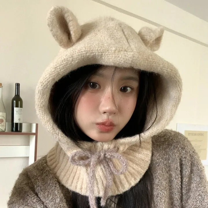 South korea Cute Ear Balaclava Women Winter Warm Earmuff Woolen Cap Cold-Proof Knitted Scarf One |