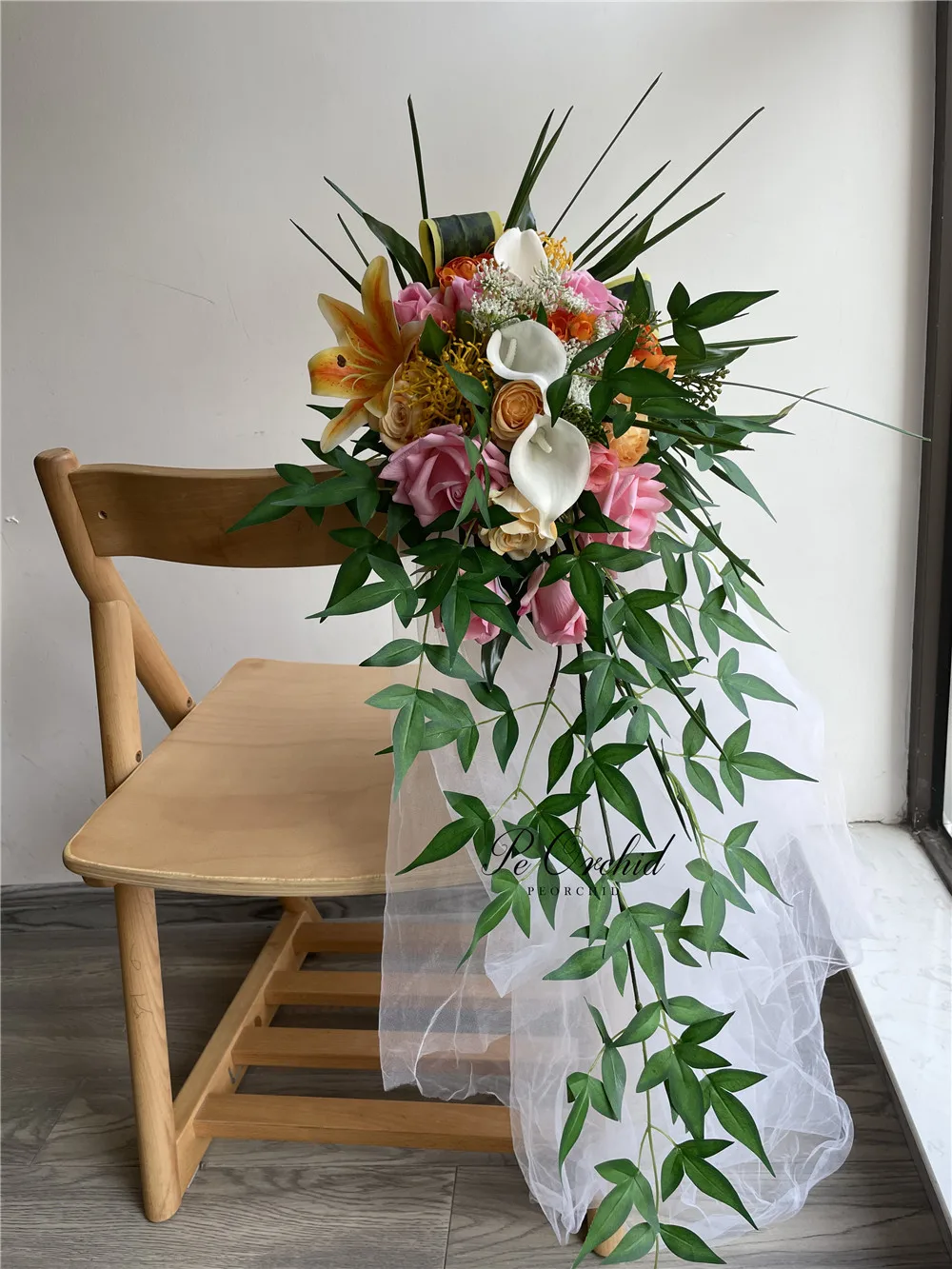 Фото PEORCHID Розовый Оранжевый Real Touch Свадебные цветы Cascada Букет De Mariee Roses Lily Ramls De Flores Novia Большой букет невесты №4