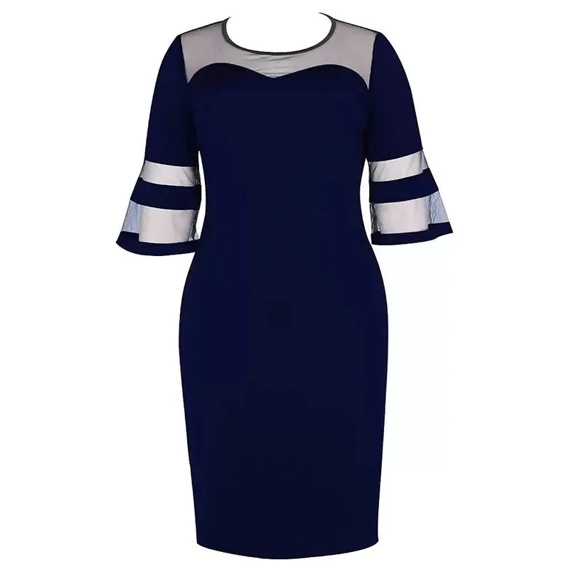 Plus Size Women's Bag Hip Dress Mesh Flared Sleeves See Through Formal Dresses Spring 7-Point Sleeve OL Mid-Length Pencil Dress