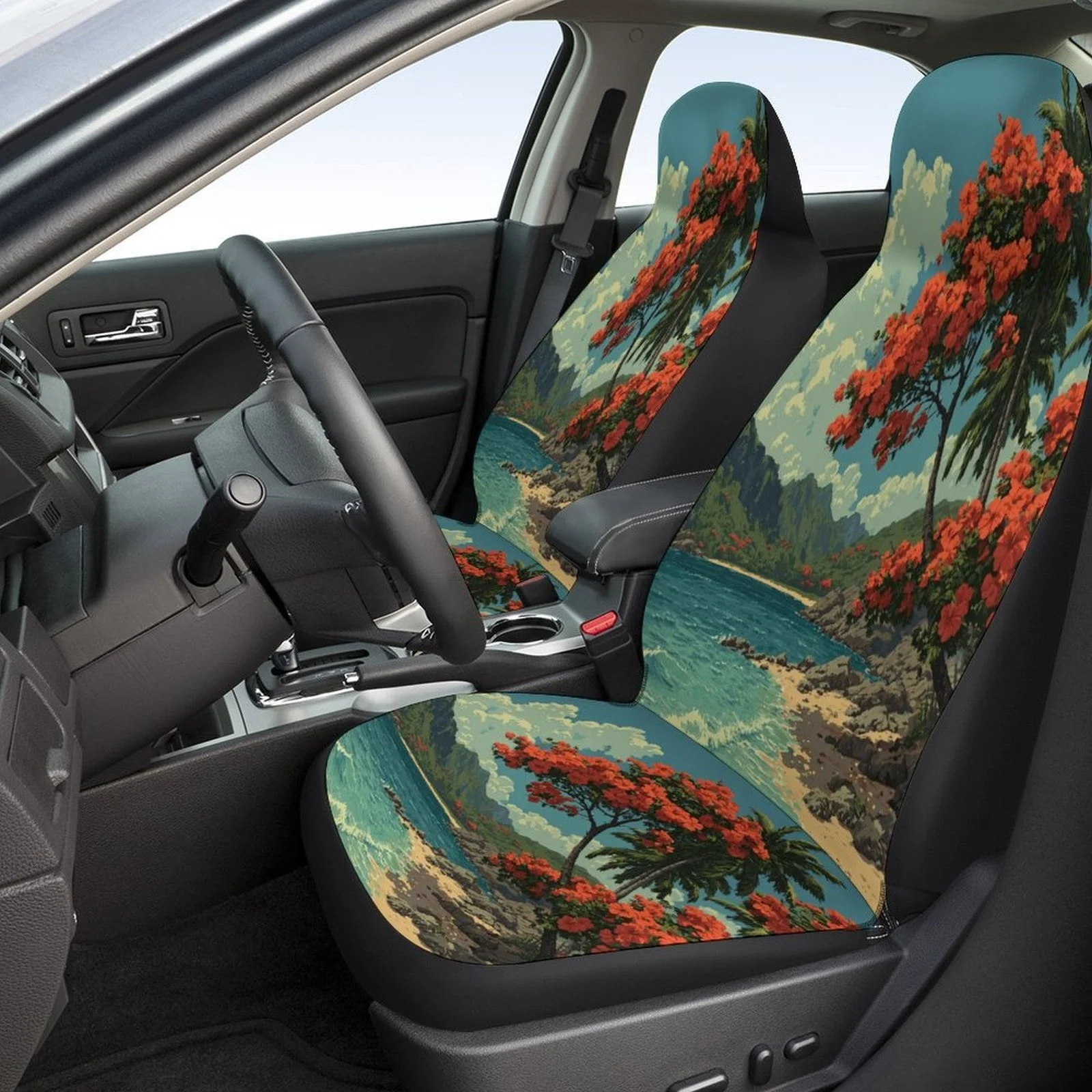 Фото Набор чехлов для автомобильных сидений в тематике «Тропический пляжный оазис» для большинства автомобилей, модные оригинальные защитные чехлы для автомобильных сидений, полный комплект, универсальные автомобильные чехлы S №2