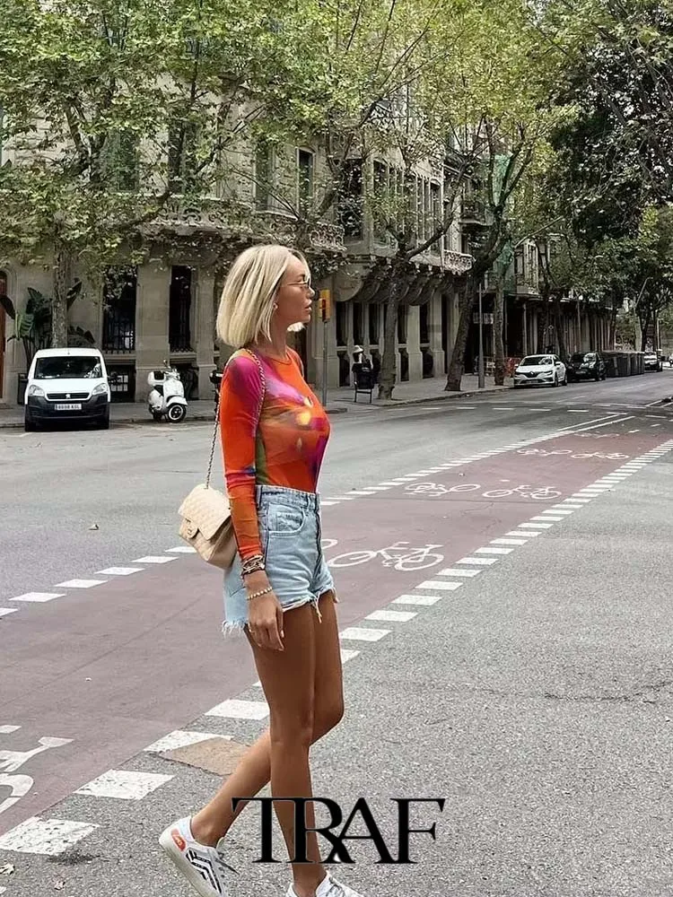 

Женский полупрозрачный комбинезон с принтом из тюля, на тонких бретельках