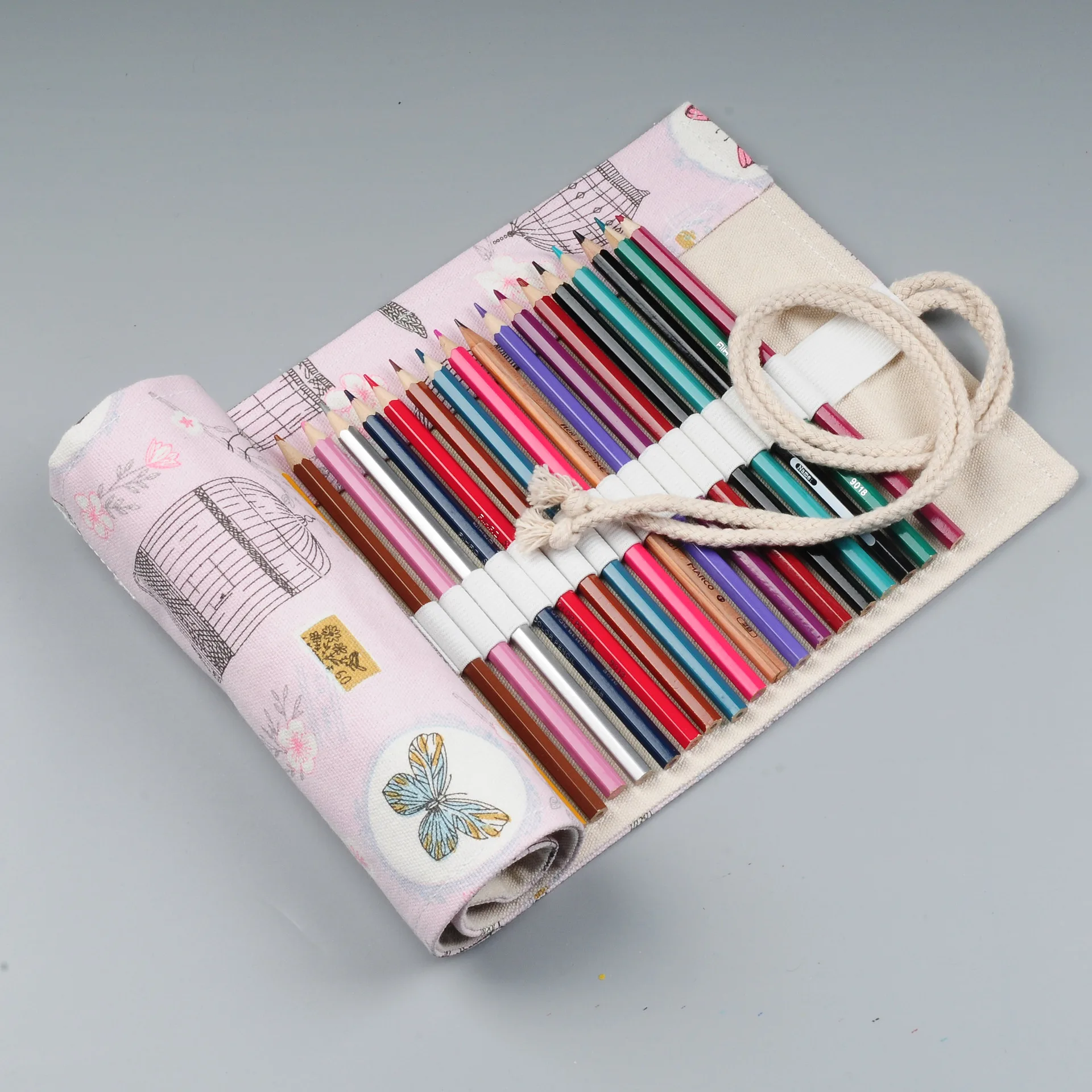24/36/48/72 Holes Bird Canvas Roll Up Colored Pencil Cases Pencil Wrap Makeup Brush Holder Storage Pouch School Supplies