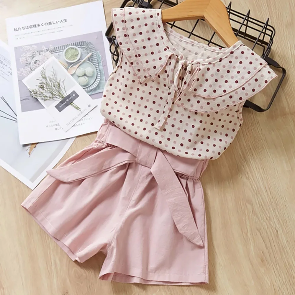 New Arrival Summer Girls Clothing sets 2021 Children's leaf Dots Design Girl Sleeveless shirt +Short Pant Fashion Style