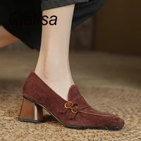cialisa chestnut kid suede shoes ladies square toe thick block heels pumps gold buckle belt decoration woman footwear size 41