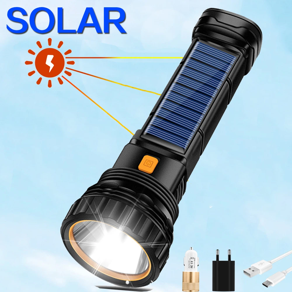

Перезаряжаемый фонарик на солнечной батарее/USB, 500 м, большой радиус действия, водонепроницаемый фонарик, аварийный фонарь, фонасветильник н...