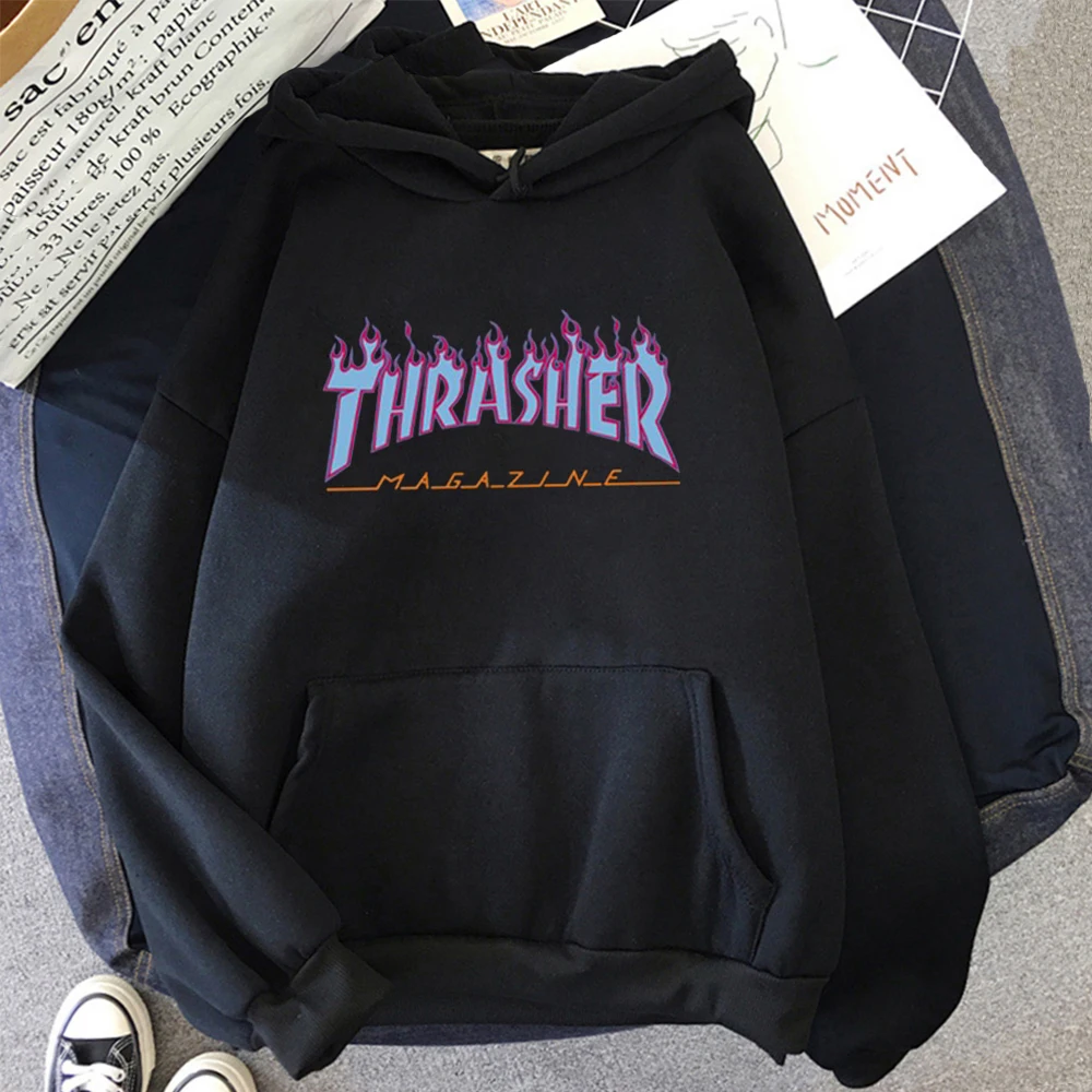 

Women Sweatshirts Oversized Hoodies Harajuku Thrasher Flame Print Hooded Casual Loose Pullovers Streetwear Tops Lady Clothing