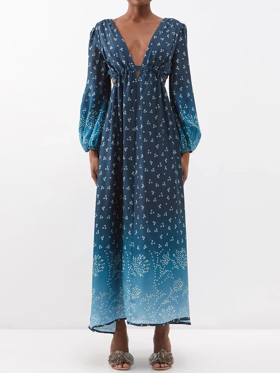 

Женское платье с цветочным принтом, длинное платье в стиле ретро с глубоким V-образным вырезом, длинным рукавом, поясом и открытой спиной, пляжная одежда в стиле бохо, повседневное праздничное платье на весну и осень