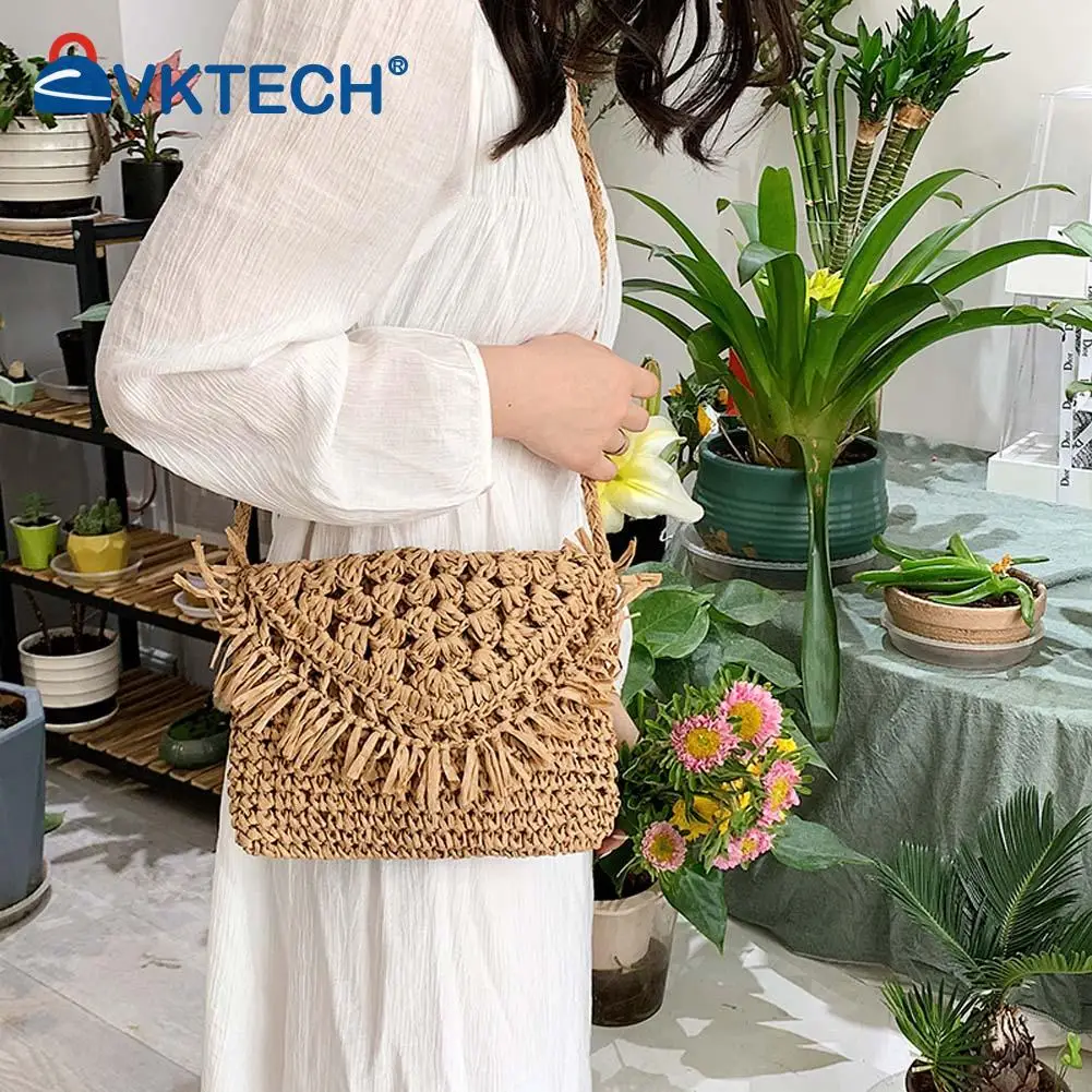 

Повседневная летняя пляжная Соломенная Сумка-конверт через плечо с кисточками, Женская плетеная сумка-мессенджер через плечо, Женская винт...