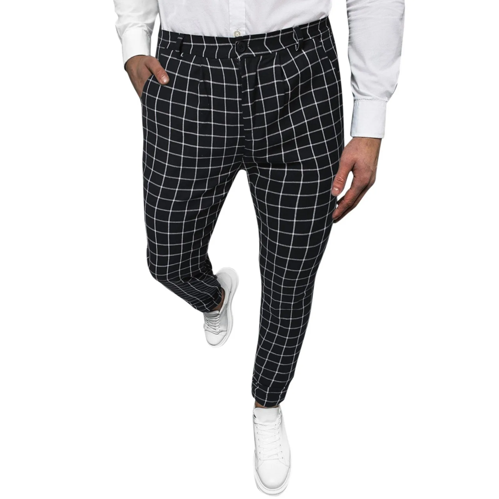 

Men's Casual Plaid Skinny Pencil Pants Zipper Elastic Waist Pants Trousers