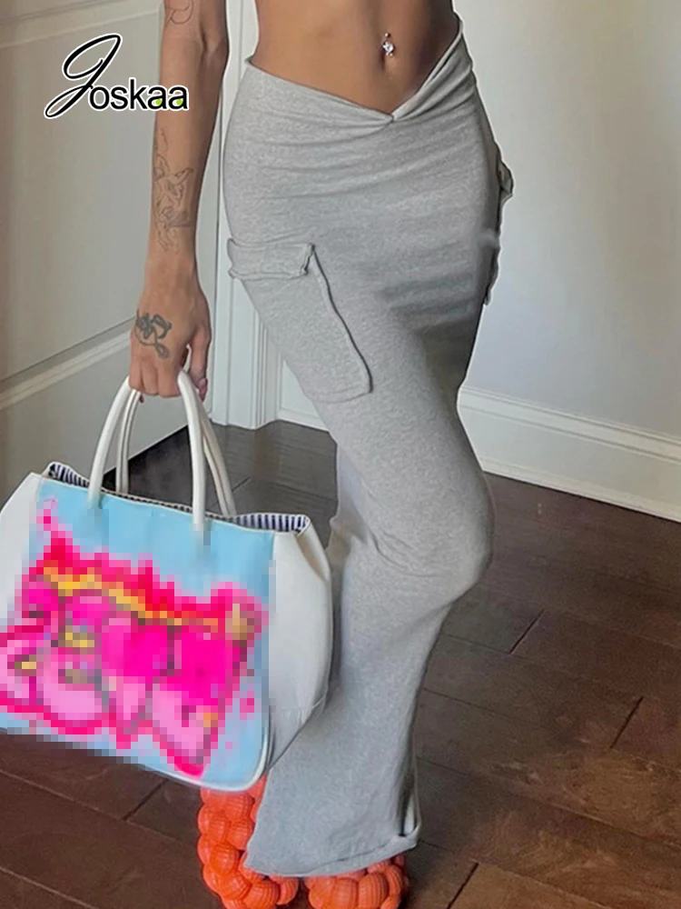 

Joskaa Gray High Waist Pocket Pleated Maxi Skirt Women Clothes Summer 2022 Casual Irregular Bodycon Long Skirts Sexy Streetwear