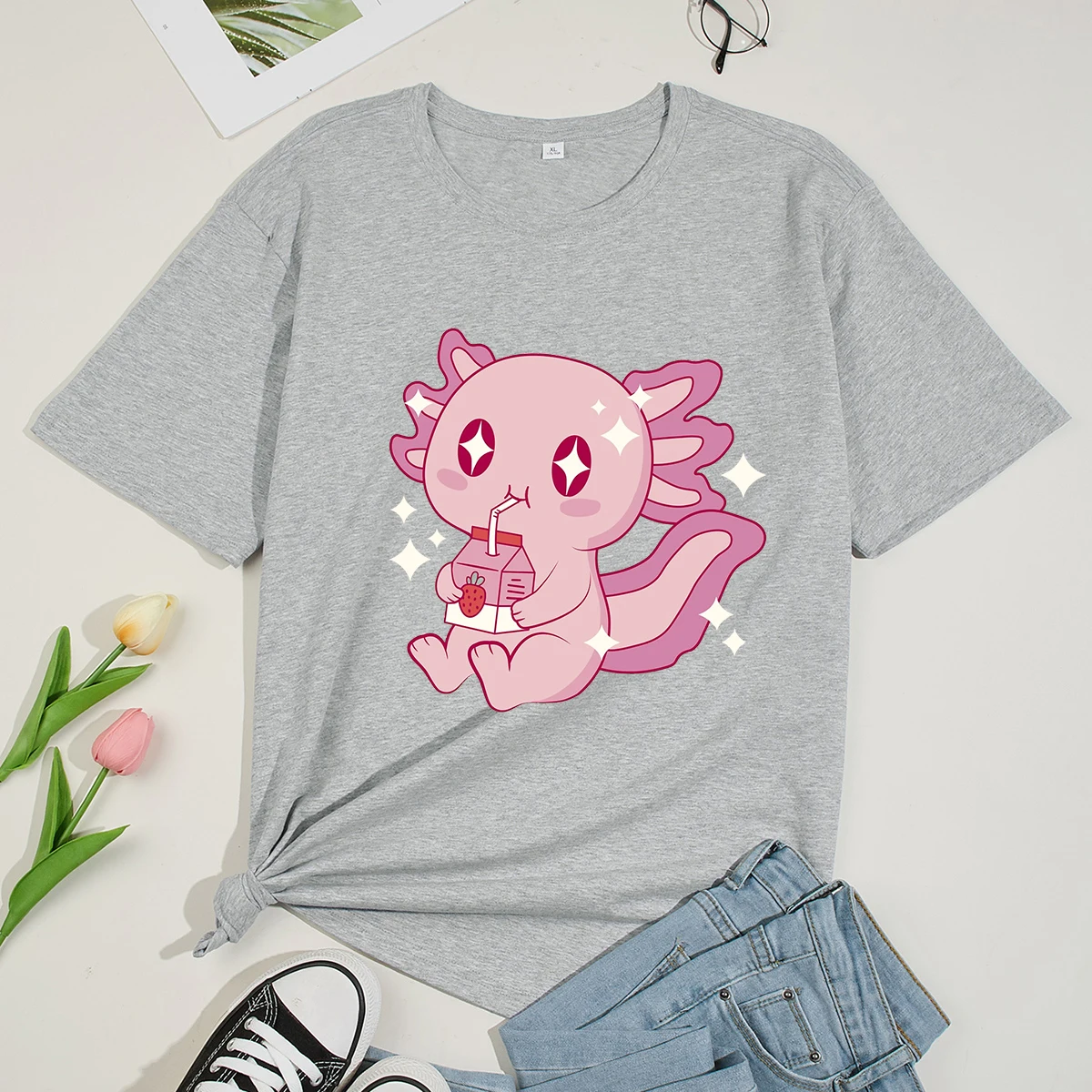 Милая Axolotl футболка с рисунком питьевой клубники и молока коротким рукавом Топы