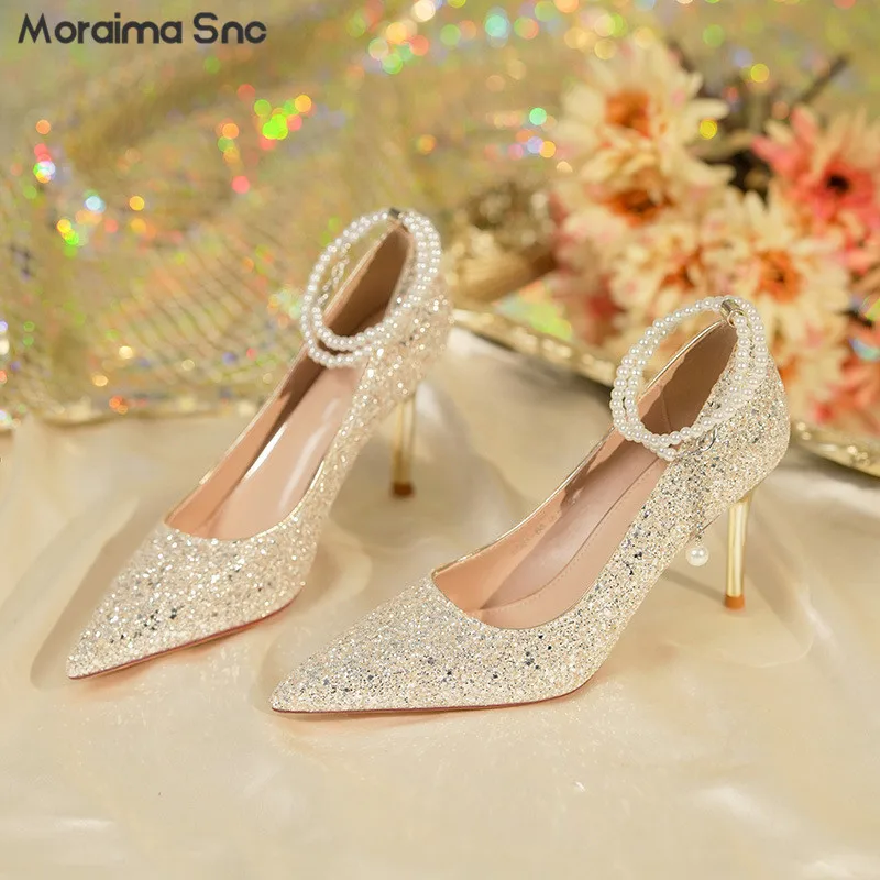 Sequin Pearl Chain Wedding Shoes Stiletto Heel Glitter Vamp Pointy Temperament Women's Pumps Fashion Banquet Luxury High Heels