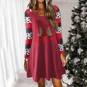 Womens Casual Christmas Print O Neck Splicing Long Sleeve Pocket Dress Inc Dress Women Casual Dress Shoe for Women