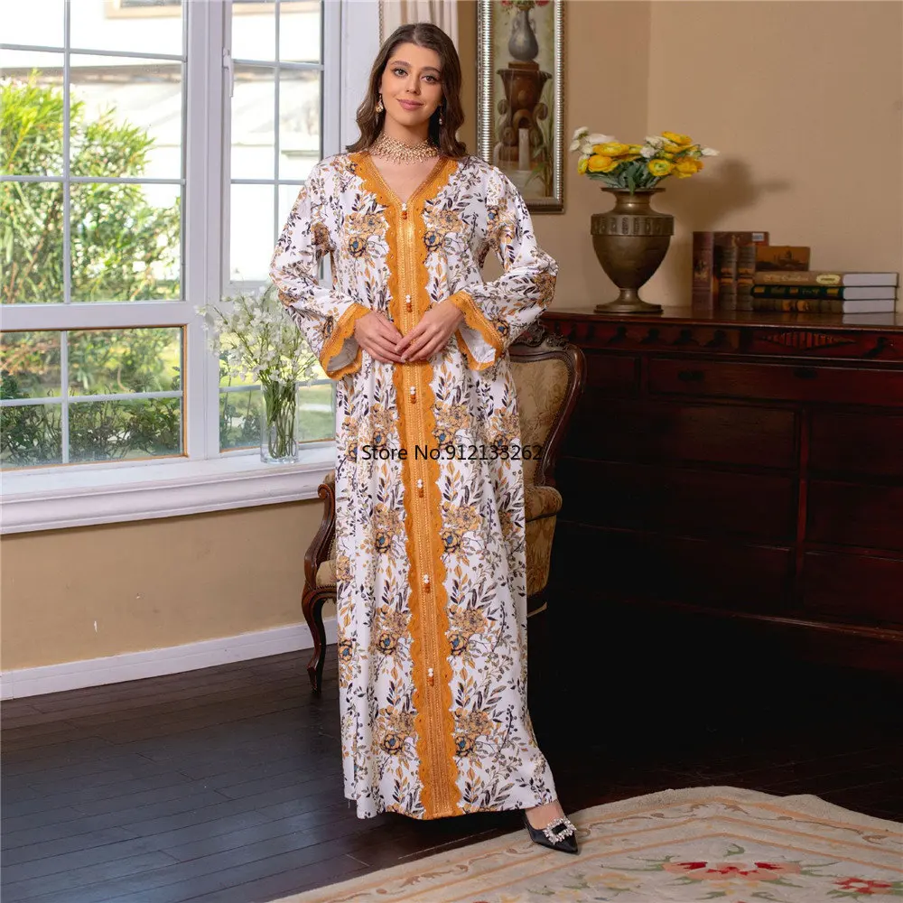 Elegant Women's Dresses For Party 2023 Elegant Floral Printed V-Neck Tape Trim Moroccan Kaftan Muslim Abaya Dress Dubai Ramadan
