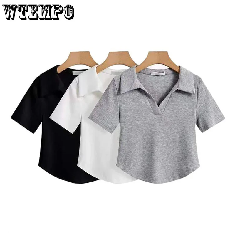 Polo Collar Shirt Short Sleeve Women's Cropped T-Shirt Crop Top Slim High Waist Simple Casual Style Summer 2023 New Style