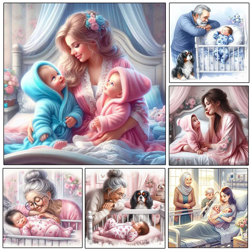 5D DIY Grandma Mom Dad Baby Happy Family Diamond Painting Set Cross Embroidery Dog Mosaic Home Decoration Gift