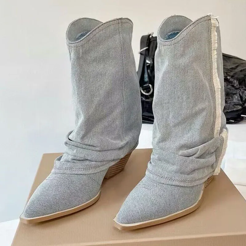 

New Women's Pointed Toe Canvas Short Boots Vintage Personalized Long Boots Spring and Autumn Denim Fashion Calf Boots 2023