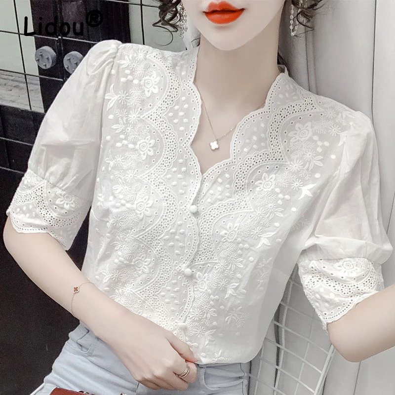 

Women White Hollow Lace Embroidery Asymmetrical Blouses Summer Fashion V Neck Short Sleeve Sweet Shirts Casual Chic Tops Female