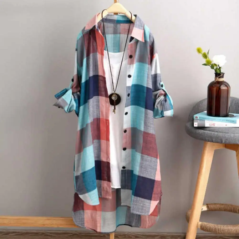 

Summer Sunshirts Turn-Down Collar Roll-up Long Sleeve Buttons Closure Plaid Print Mid-Length Loose Ladies Sunscreen Shirt