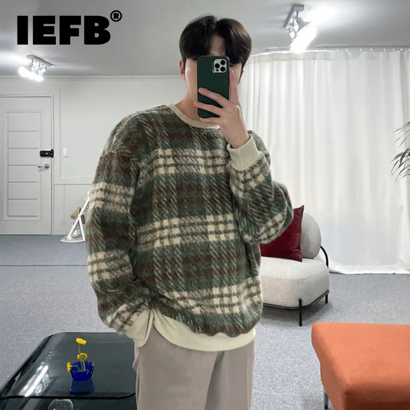 

IEFB Korean Fashion Men Round Neck Long Sleeve Sweatshirt Loose Male Plaid 2023 Autumn Contrast Color Pullover Top 9A6245